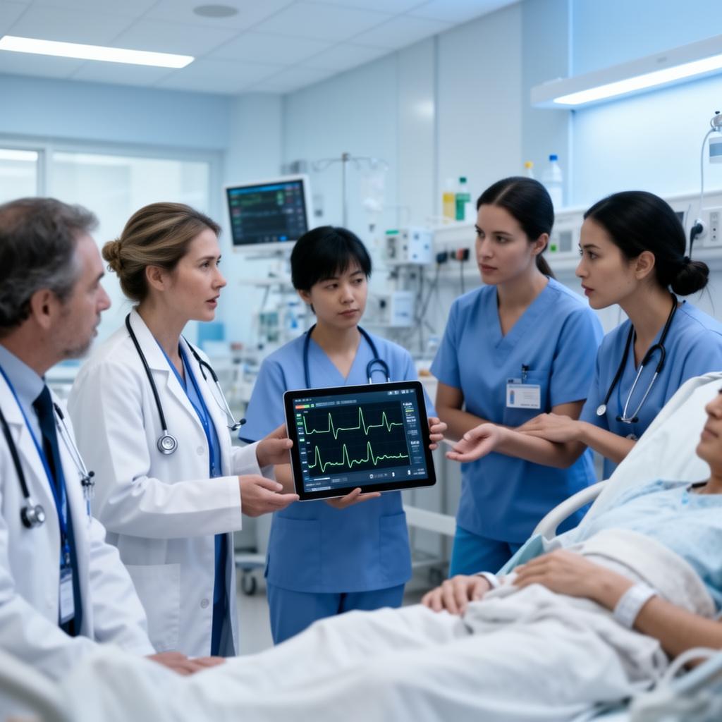 Round multiprofissional em UTI com tablet exibindo dados clínicos